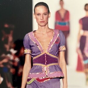 Marc Jacobs Vintage Spring 2002 Runway Purple Patchwork Puff Sleeve Top sz 8